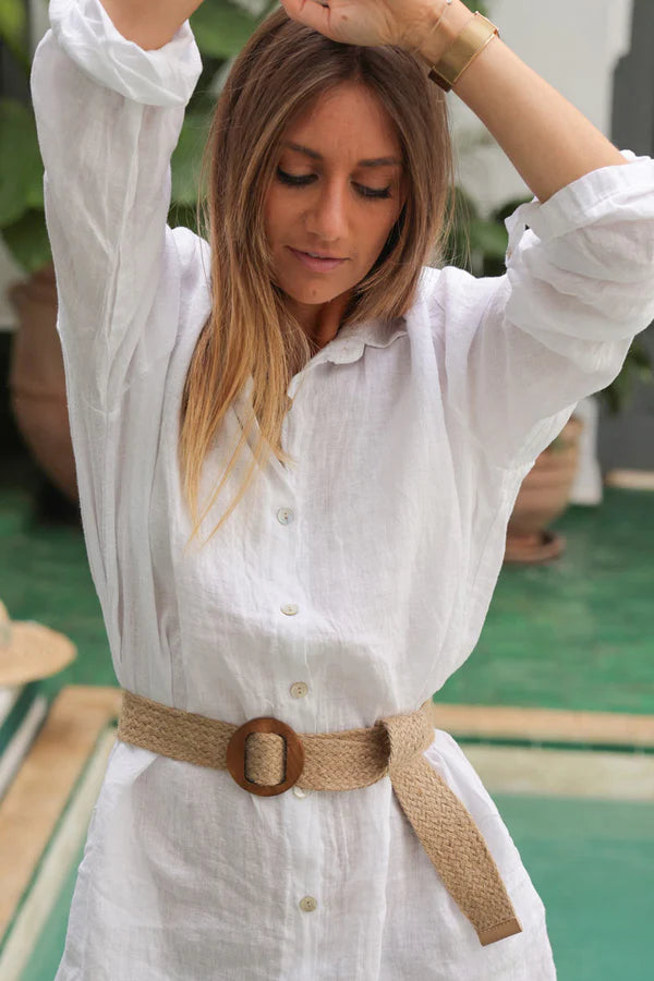 White linen shirt dress with mother of pearl buttons and pockets