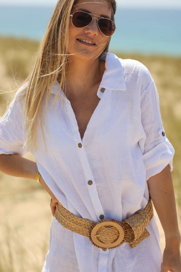 White linen shirt dress with wooden buttons