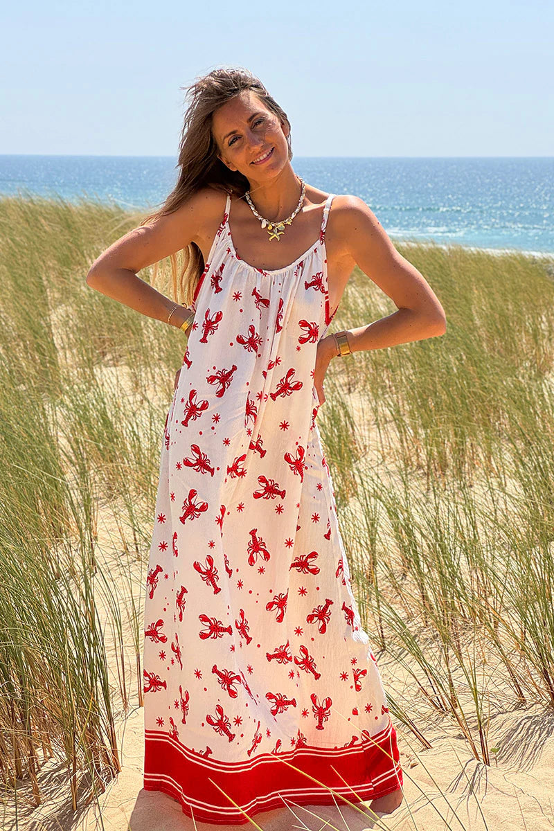 White Lobster Print Maxi Dress