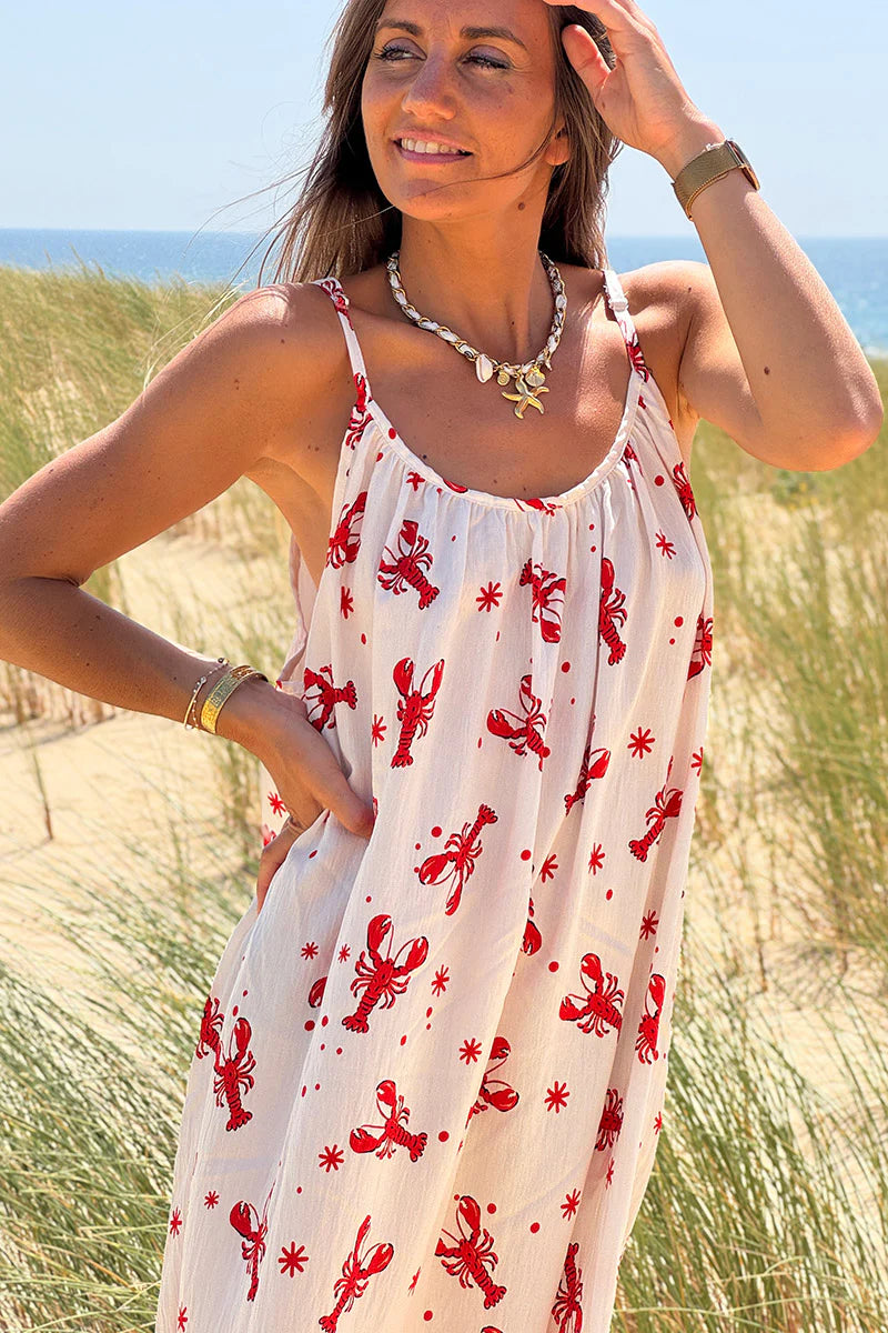 White Lobster Print Maxi Dress