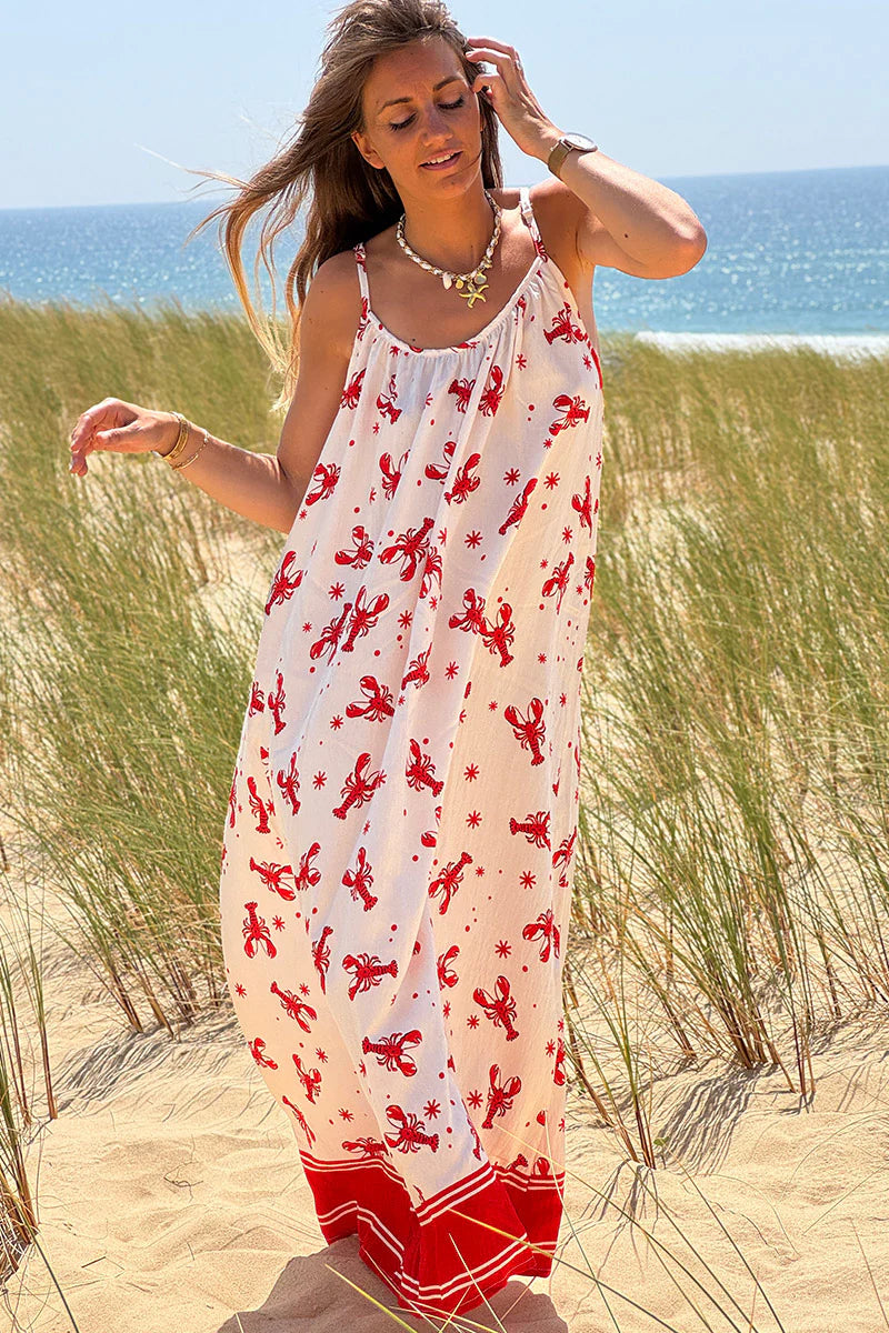 White Lobster Print Maxi Dress