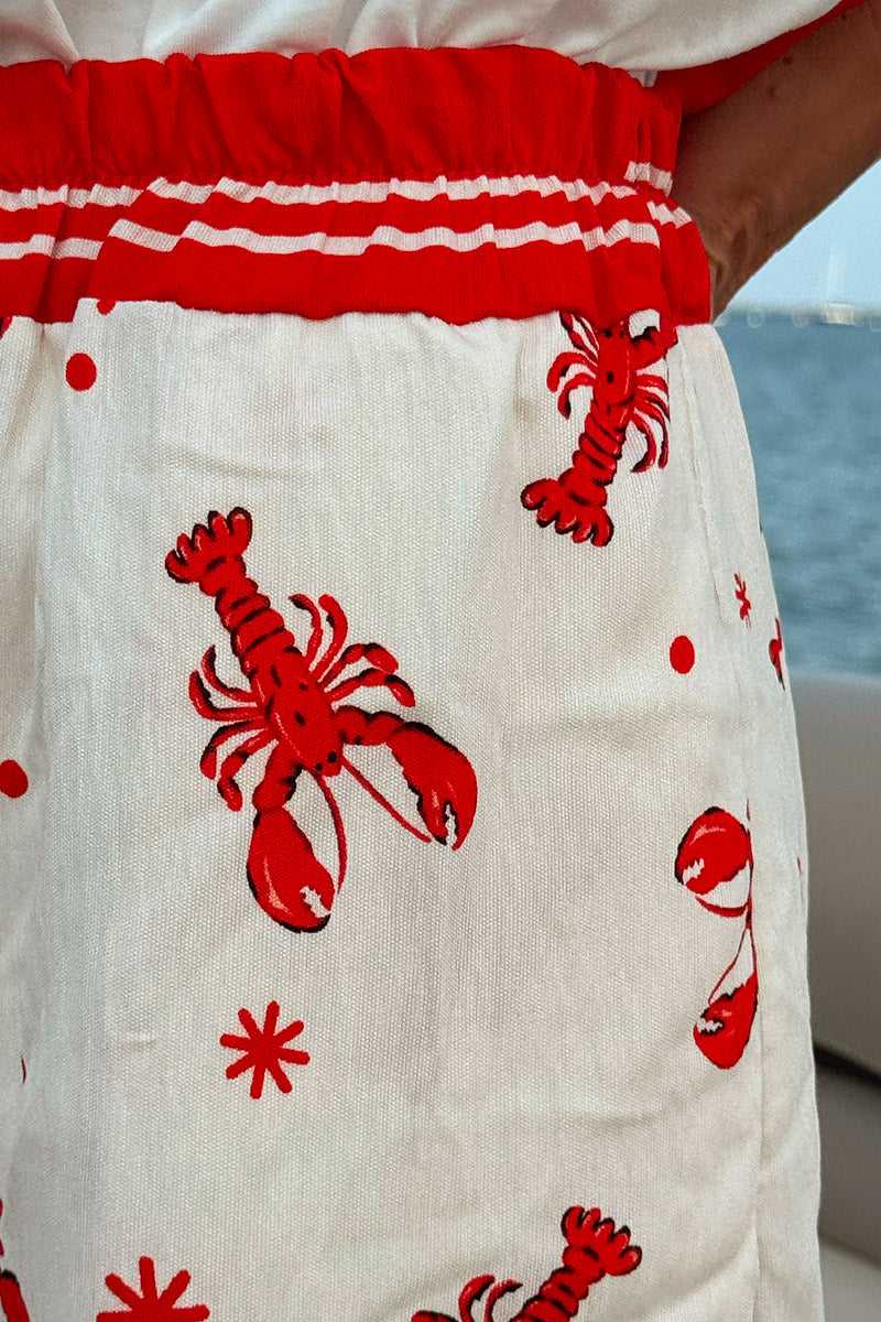White Lobster Print Pull-On Pants