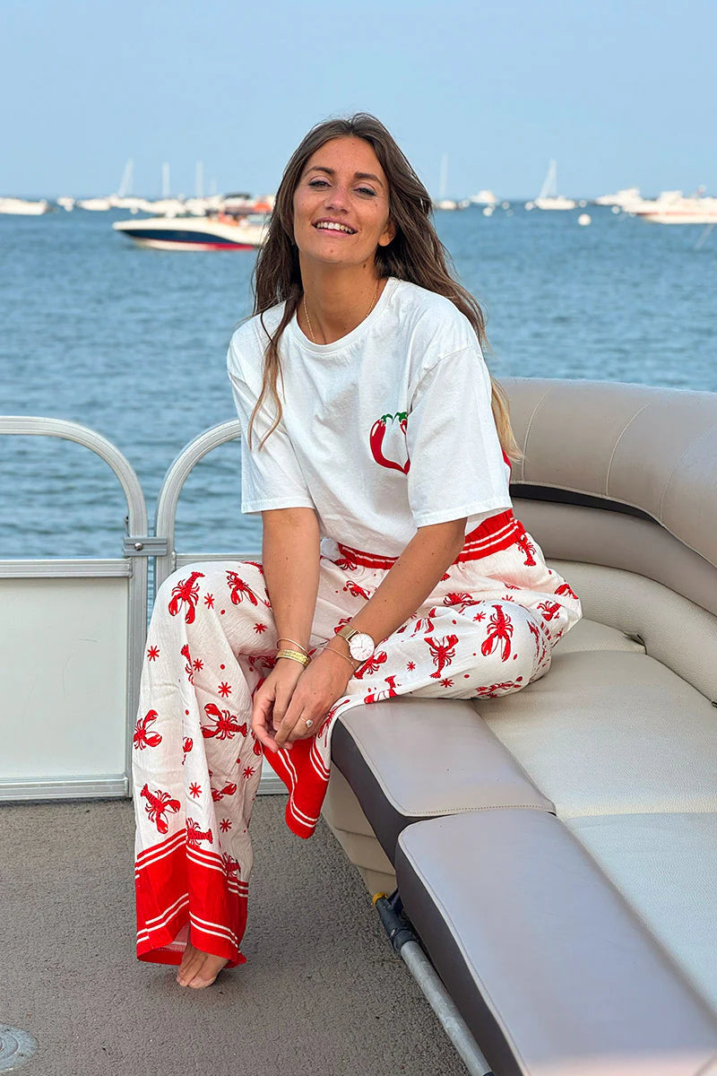 White Lobster Print Pull-On Pants