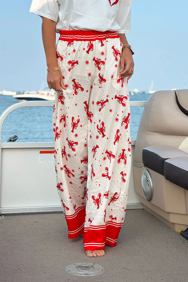 White Lobster Print Pull-On Pants