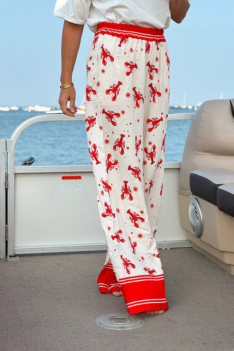 White Lobster Print Pull-On Pants