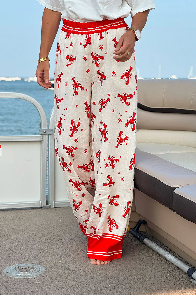 White Lobster Print Pull-On Pants