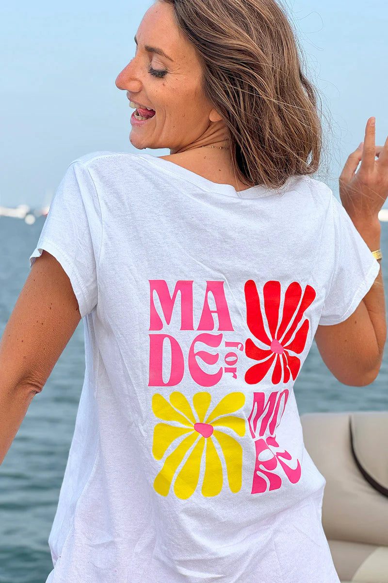 White “Made for More” Hibiscus V-Neck Tee