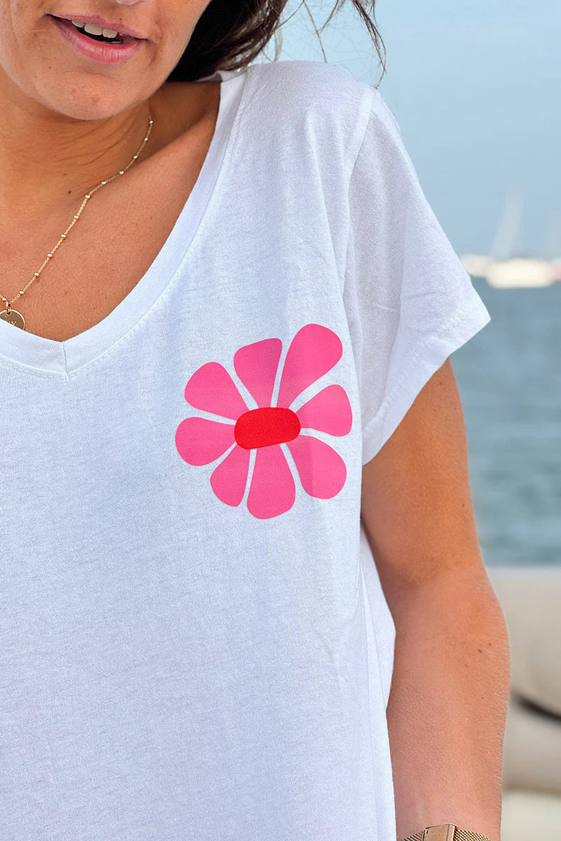 White “Made for More” Hibiscus V-Neck Tee