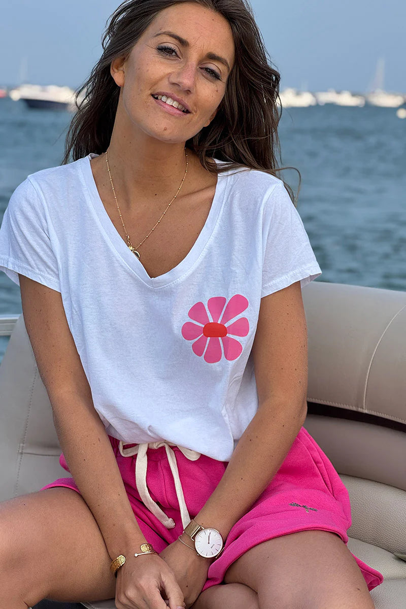 White “Made for More” Hibiscus V-Neck Tee