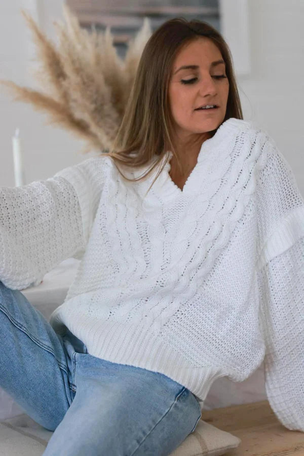 White Mohair Knit Modern Cable Knit Sweater