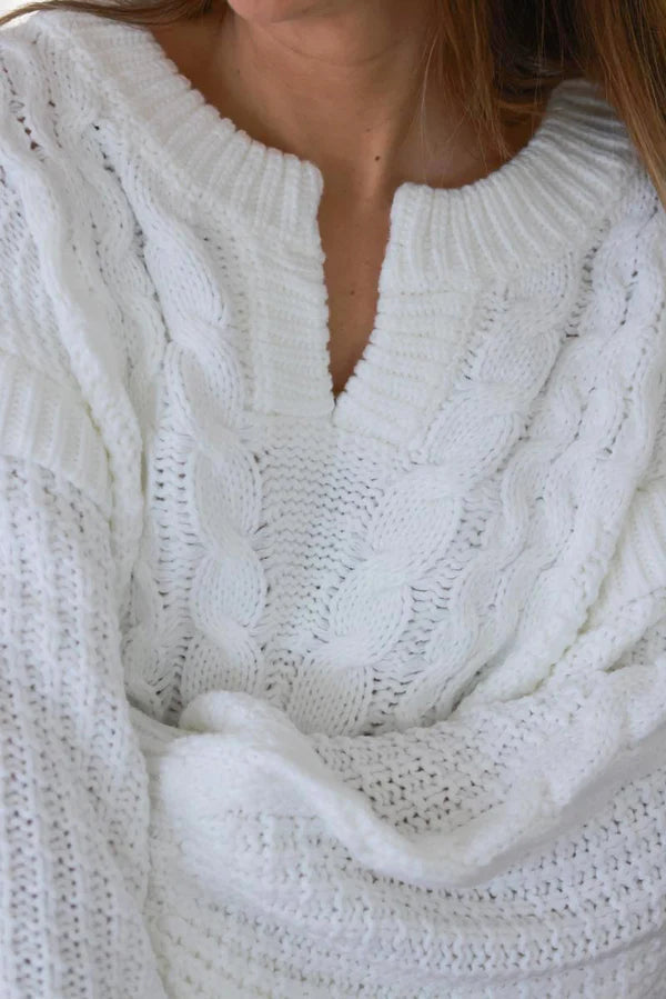 White Mohair Knit Modern Cable Knit Sweater