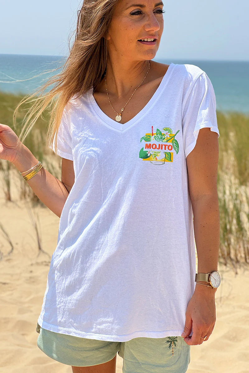 White “Mojito” Cocktail V-Neck Tee