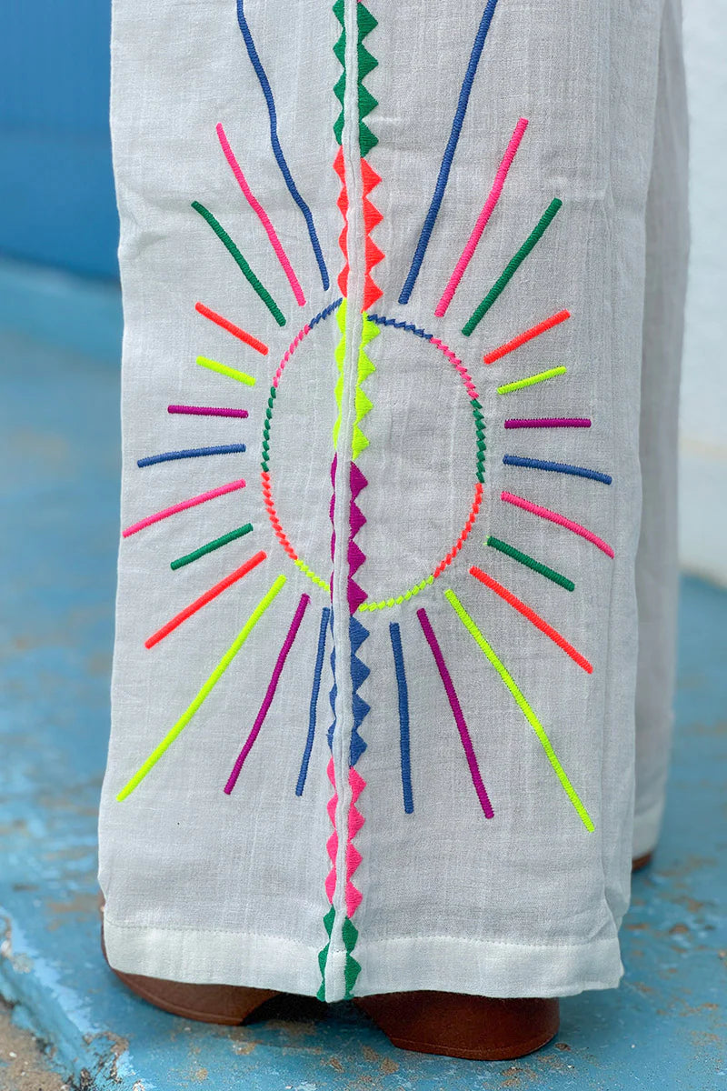 White Neon Embroidered Suns Pull-On Pants