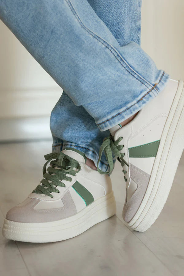 White and Olive Vegan Leather Platform Sneakers