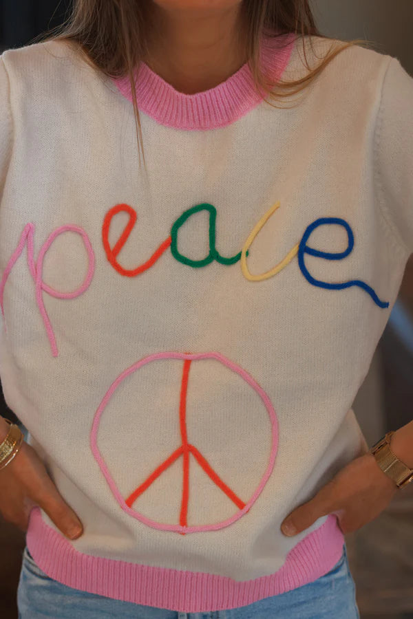 Cream “Peace” Ringer Knit Top