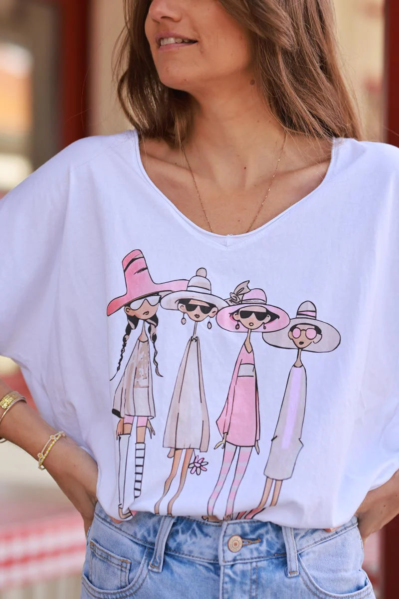 White pink “Vacation Girlfriends” V-Neck Tee