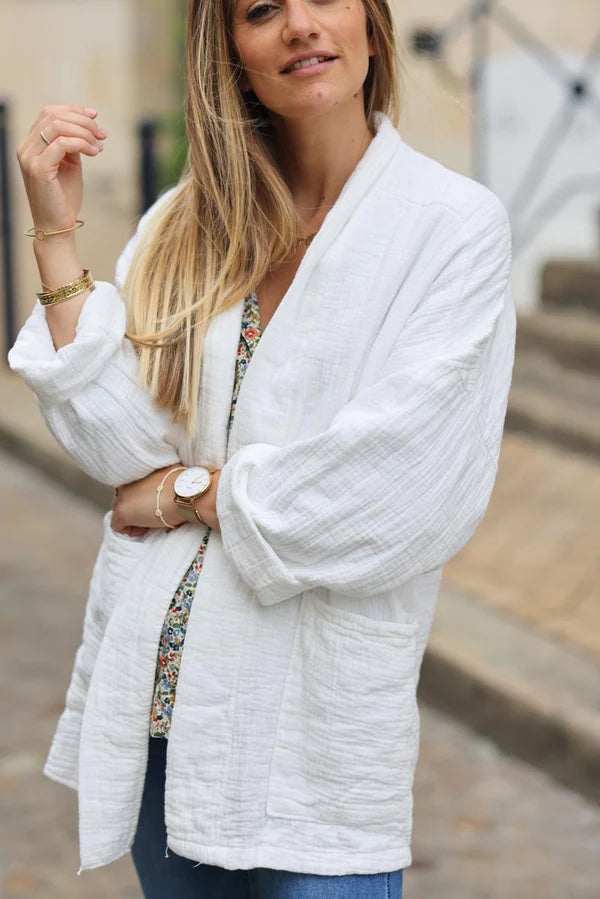 White relaxed fit crinkle cotton gauze jacket