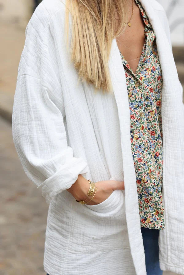 White relaxed fit crinkle cotton gauze jacket