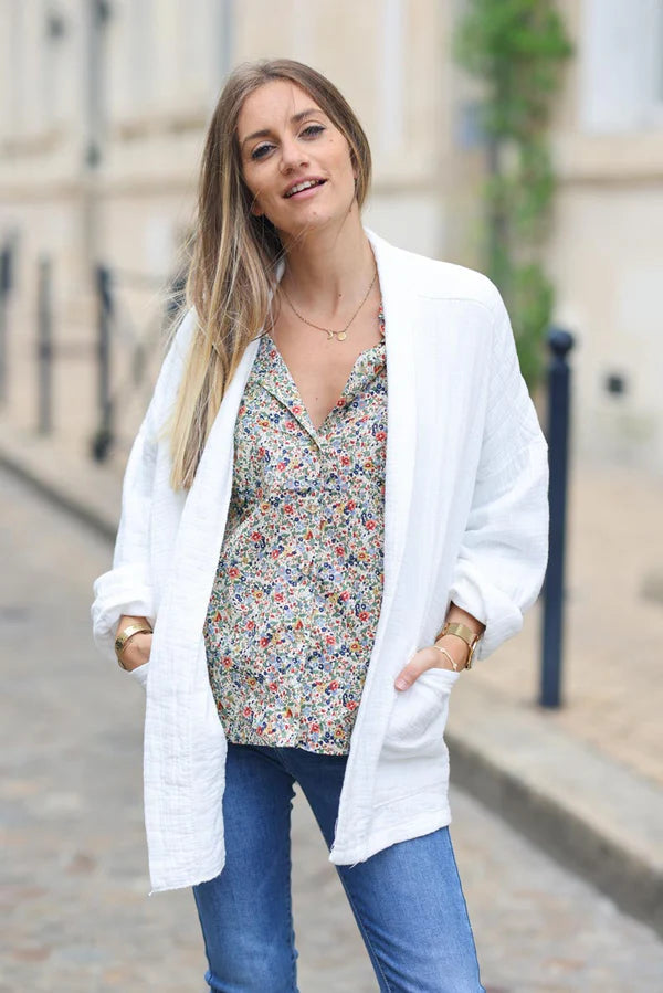 White relaxed fit crinkle cotton gauze jacket