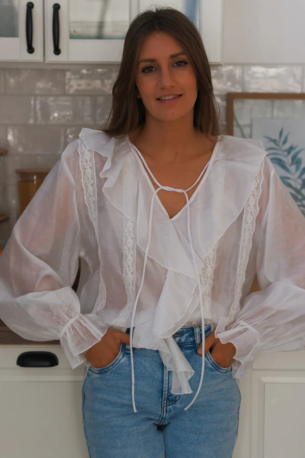 White Ruffle and Lace Babydoll Blouse