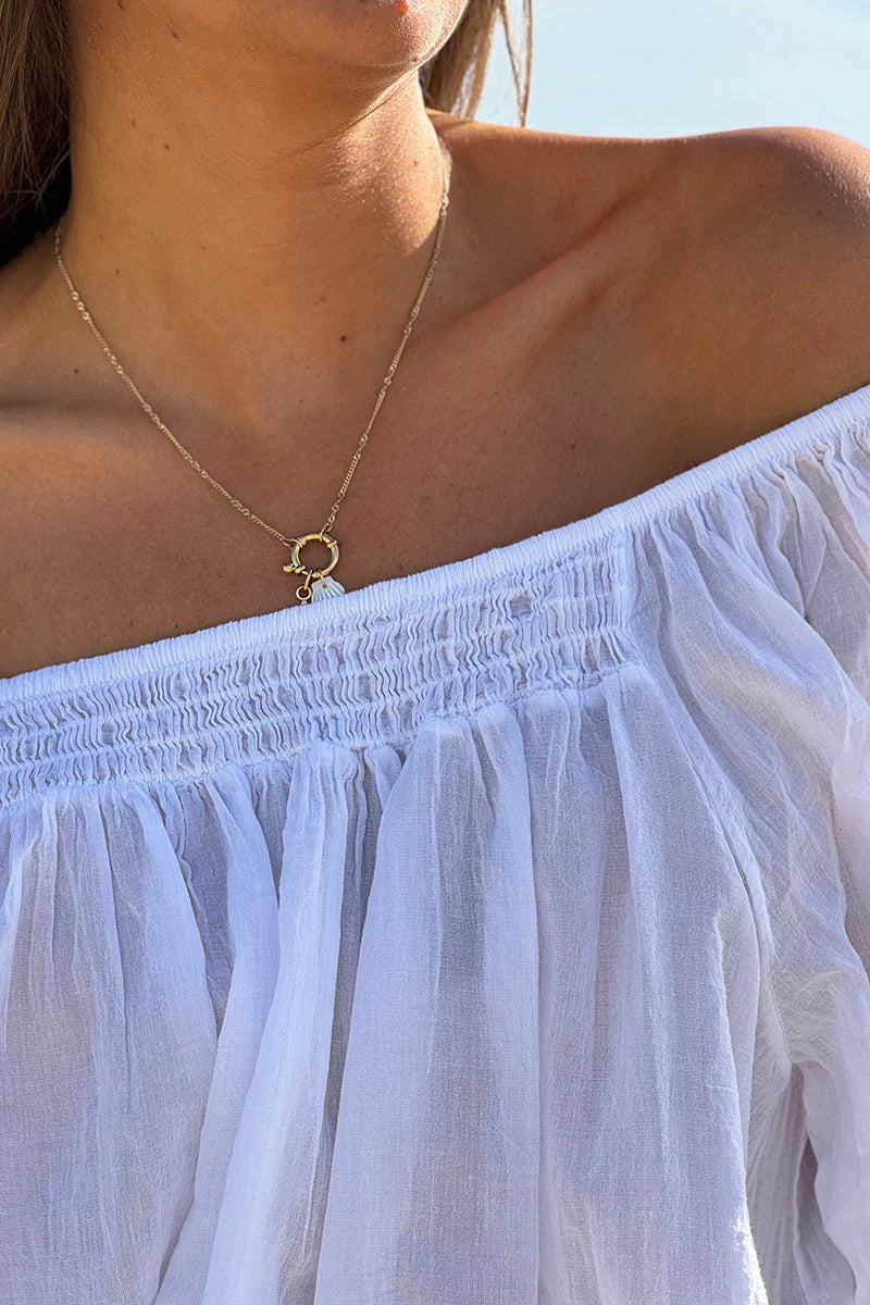 White Shirred Cotton Peasant Blouse