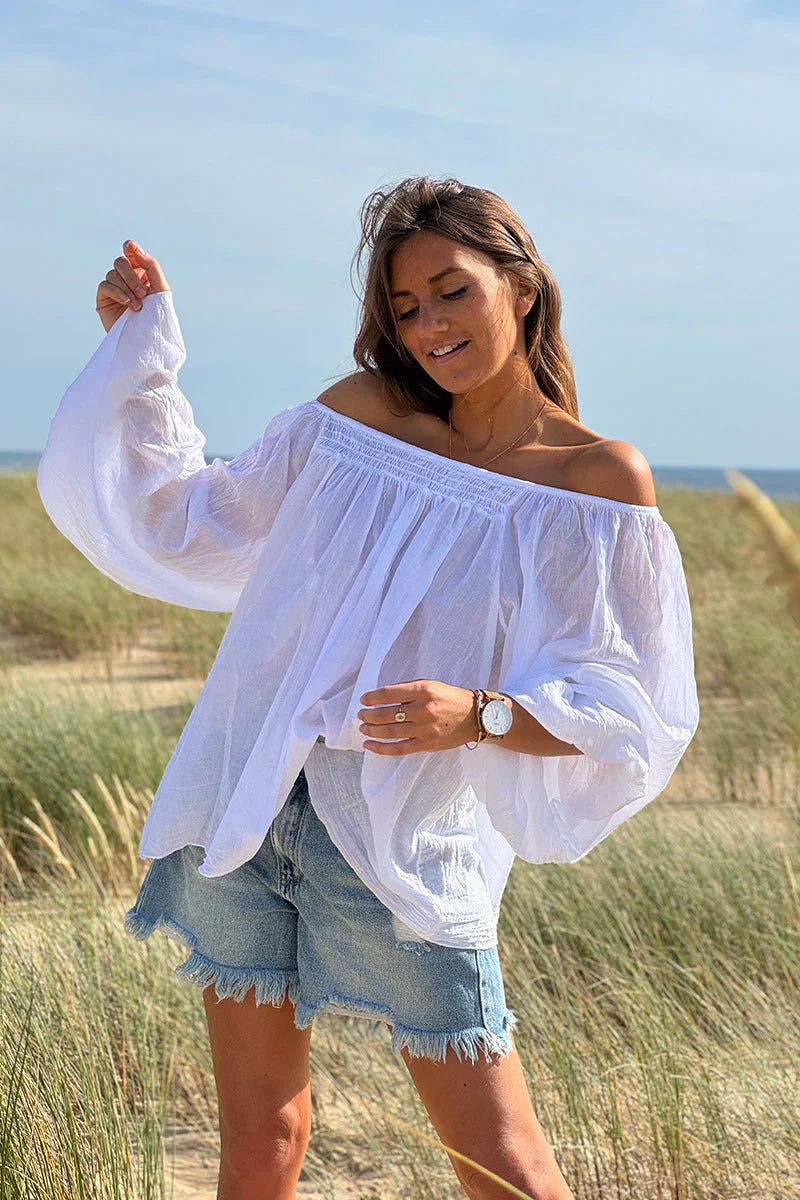 White Shirred Cotton Peasant Blouse