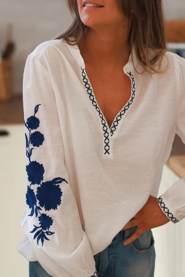 White Split-Neck Peasant Blouse with Navy Embroidery