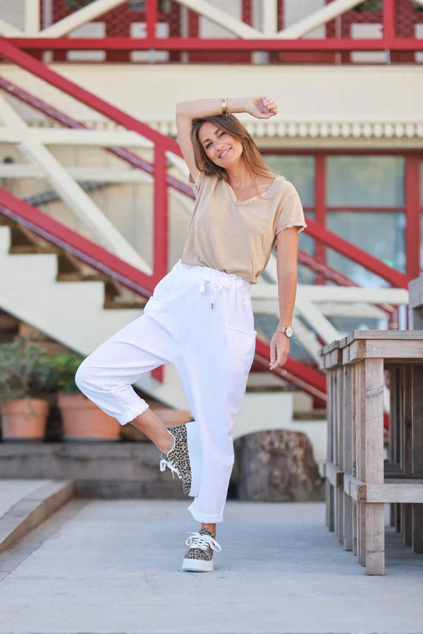 White Stretch Jersey Knit Cuffed Trousers