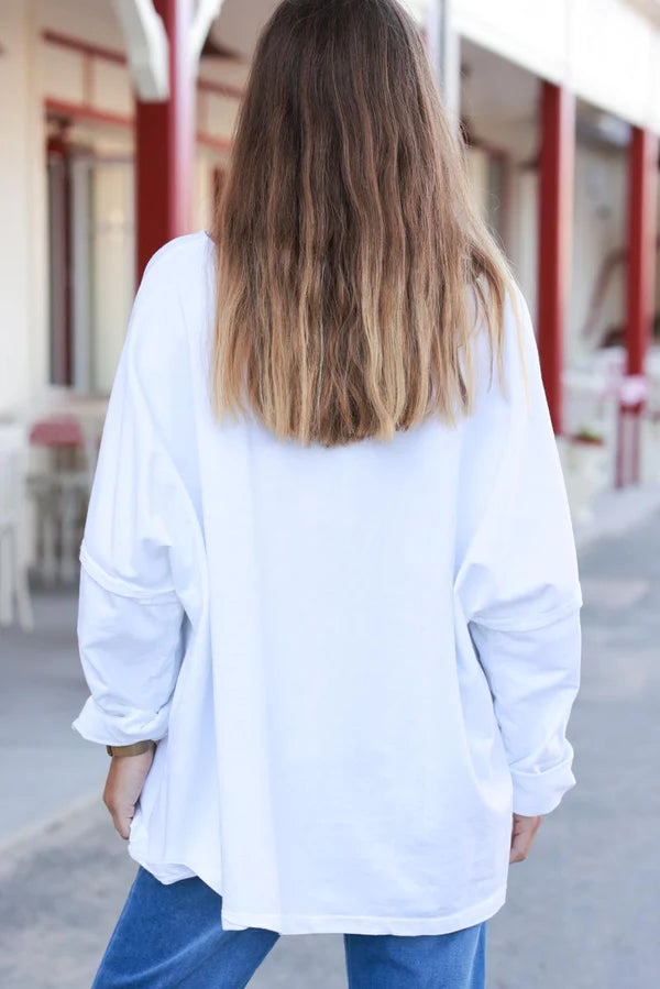 White Stretch Knit Long-Sleeve Slouchy Tee