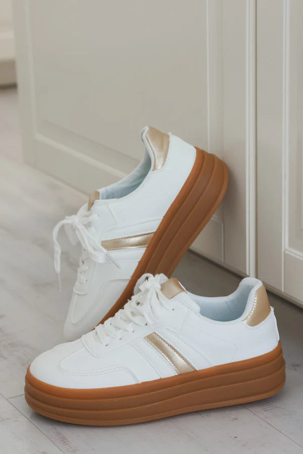 White Vegan Leather Striped Gold Heel Sneakers