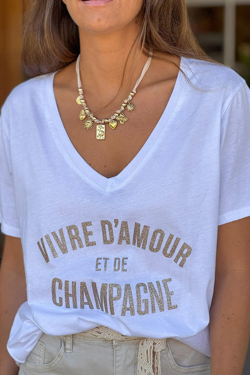 White “Vivre D’Amour et de Champagne” V-Neck Tee