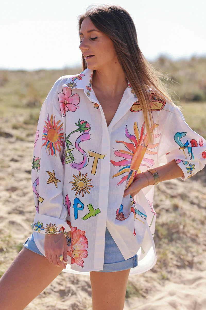 White Watercolor Summer Button-Down Blouse