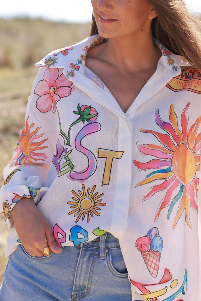 White Watercolor Summer Button-Down Blouse