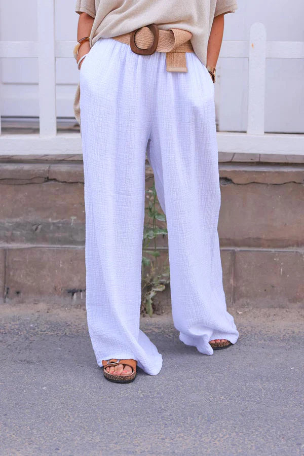 White Wide Leg Textured Crinkle Cotton Gauze Pants