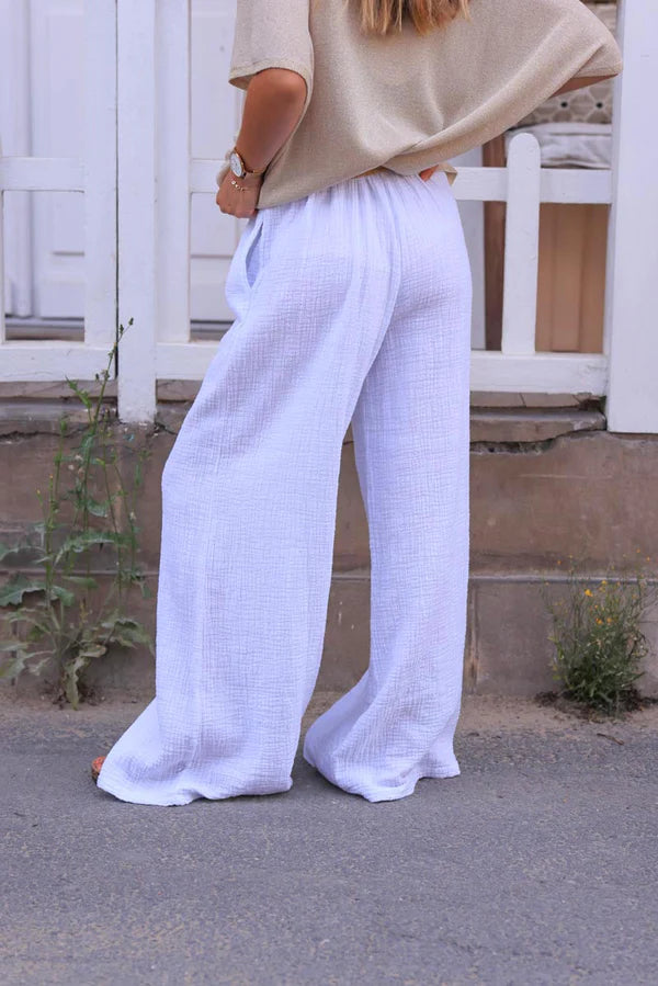 White Wide Leg Textured Crinkle Cotton Gauze Pants