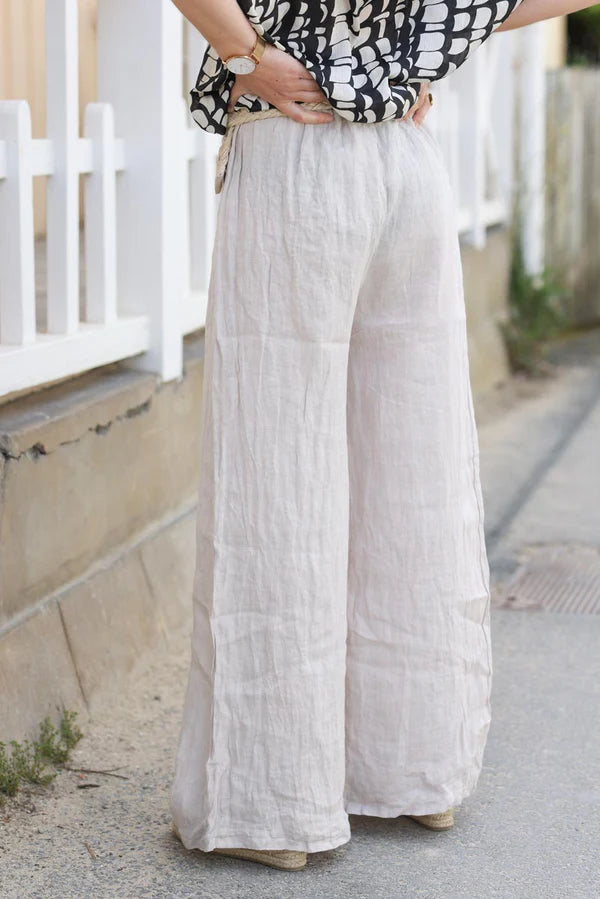 Wide Leg Beige Pants with Elastic Waistband