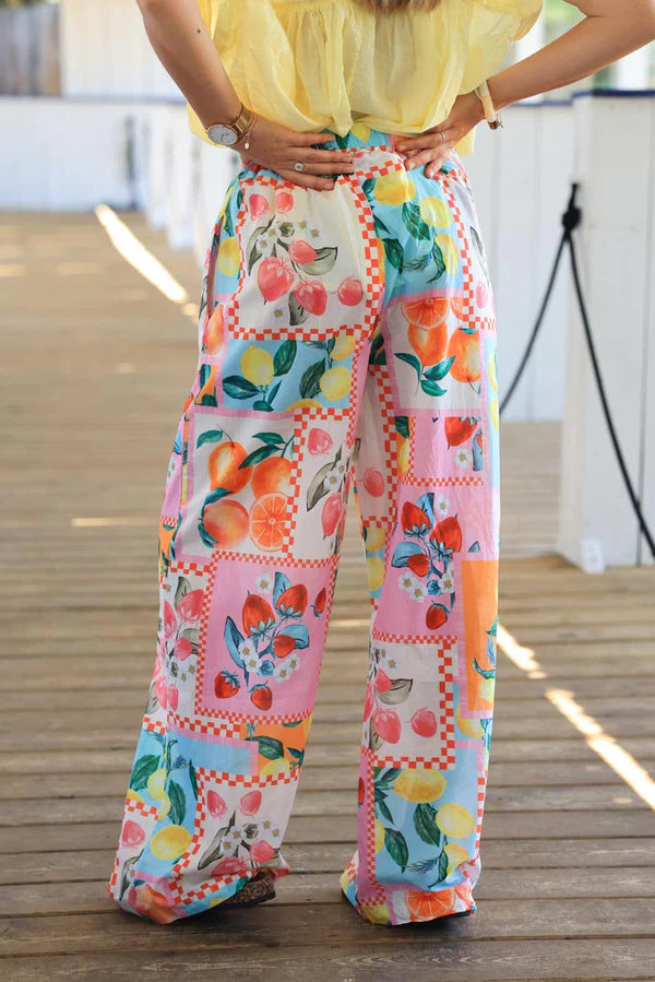 Wide leg floaty colorful pants with summer fruit print