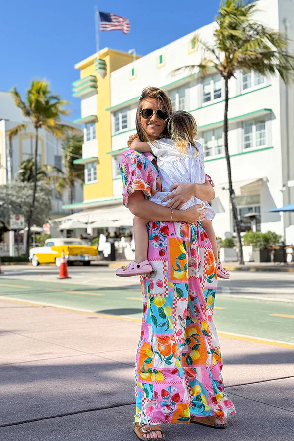 Wide leg floaty colorful pants with summer fruit print