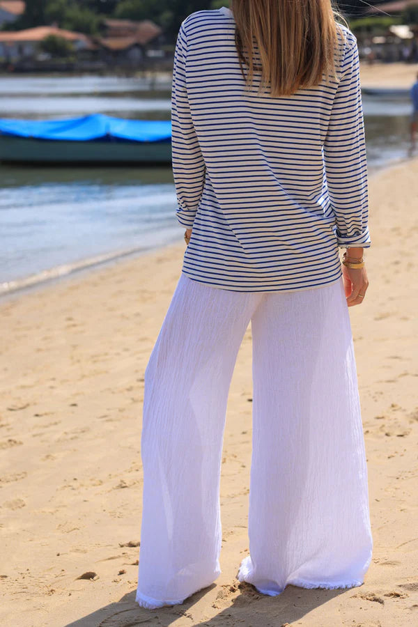 Wide Leg White Cotton and Linen Pants with fringed hems