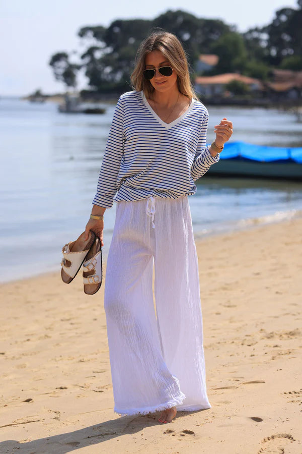 Wide Leg White Cotton and Linen Pants with fringed hems