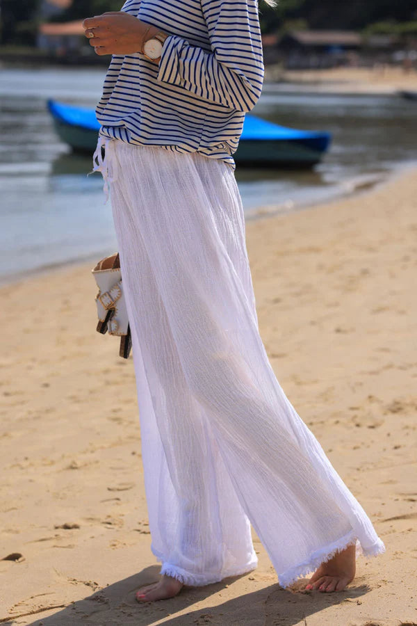 Wide Leg White Cotton and Linen Pants with fringed hems