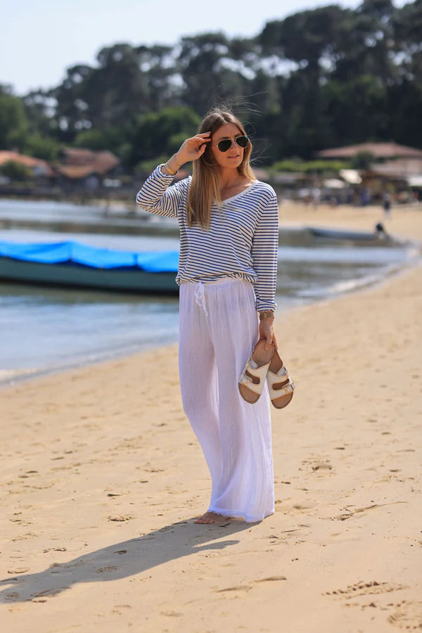 Wide Leg White Cotton and Linen Pants with fringed hems