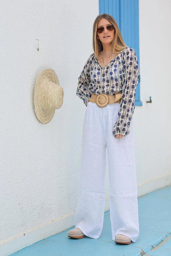 Wide Leg White Pants with Elastic Waistband