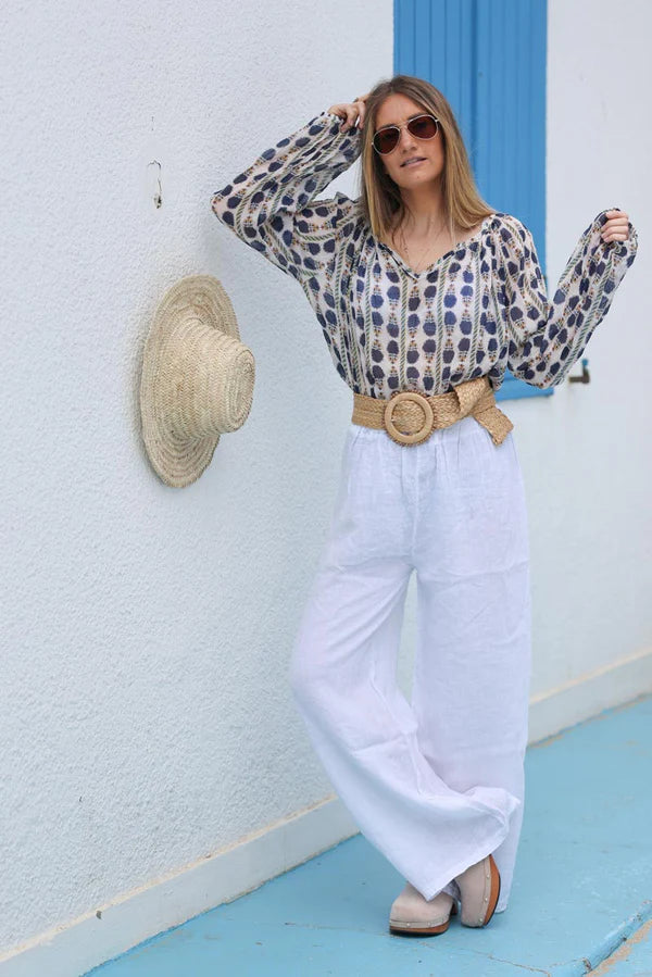 Wide Leg White Pants with Elastic Waistband