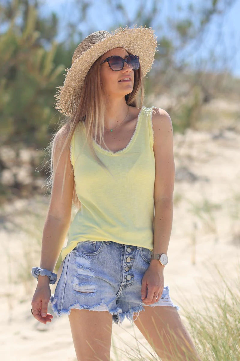 Yellow cotton tank top with fringes