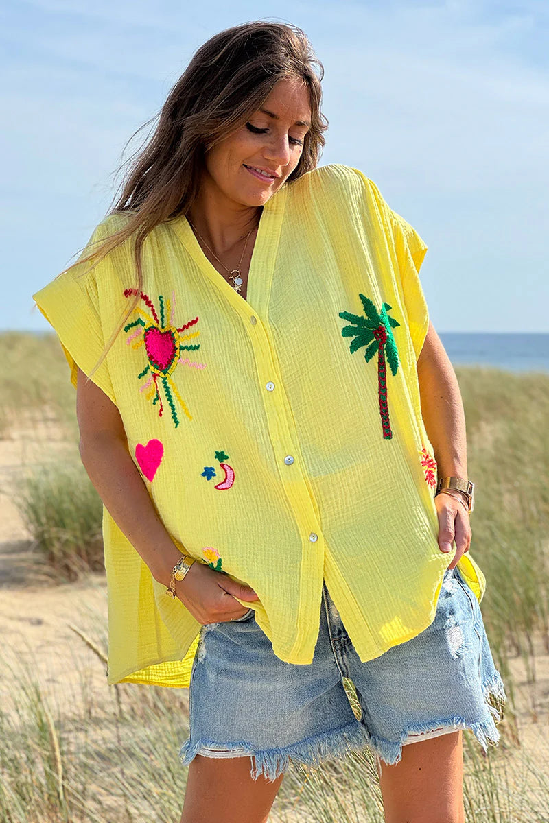 Yellow Embroidered Gauze Button-Down Blouse