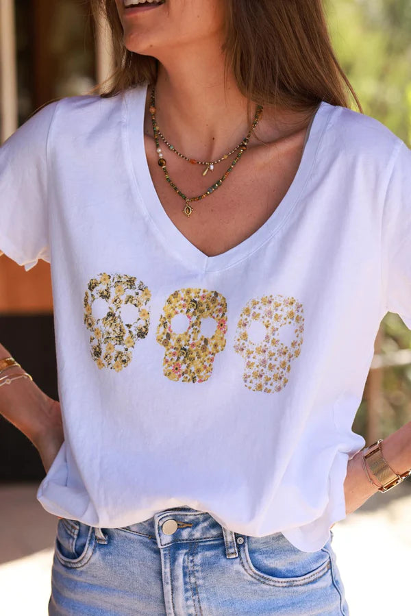 Yellow Floral Skulls V-Neck Tee