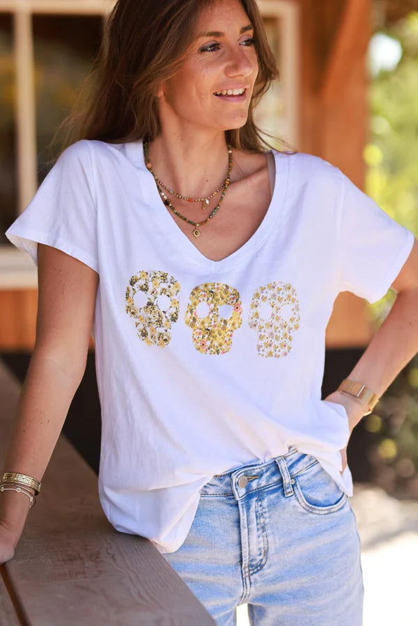 Yellow Floral Skulls V-Neck Tee
