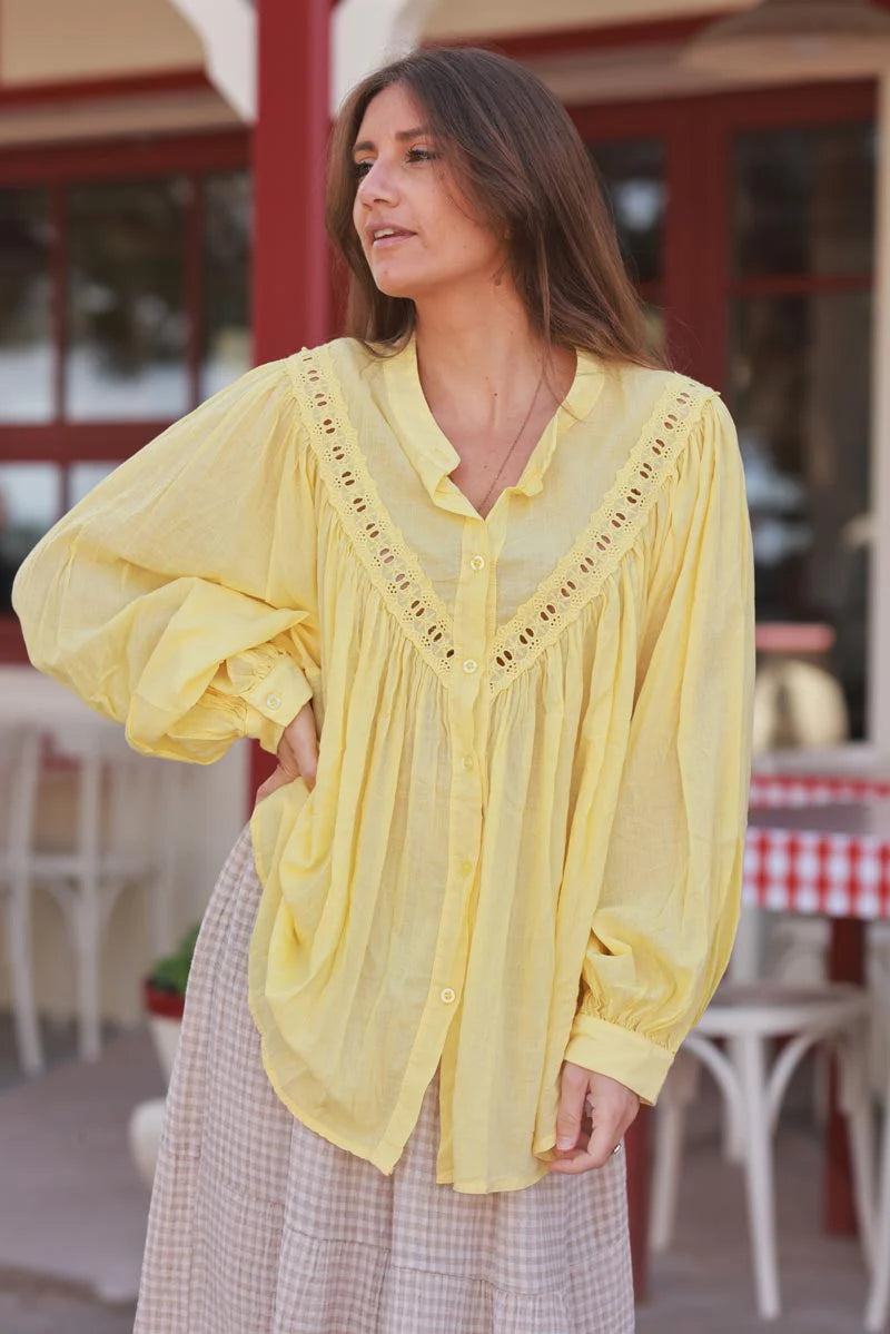 Yellow Pleated Cotton Prairie Blouse