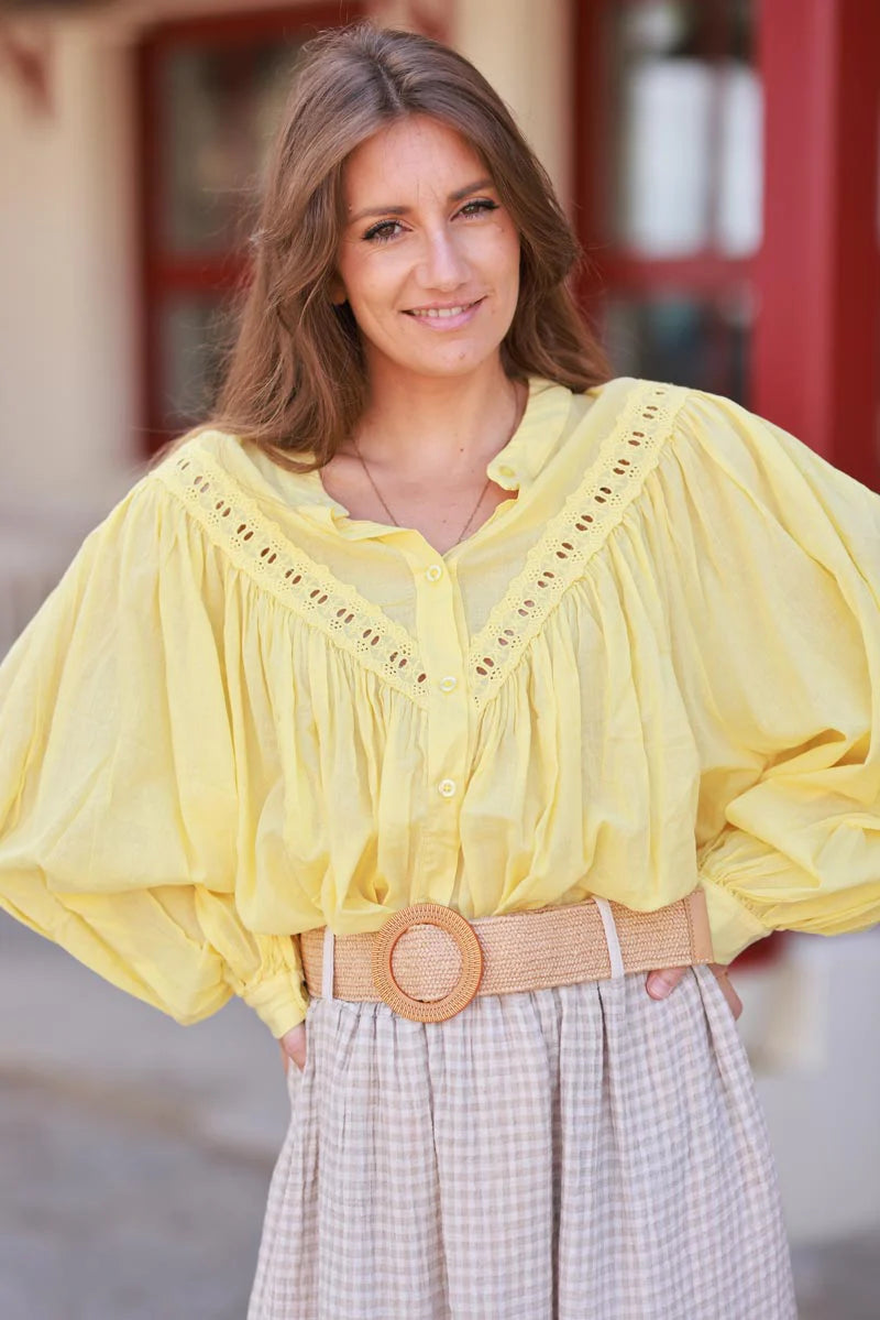 Yellow Pleated Cotton Prairie Blouse